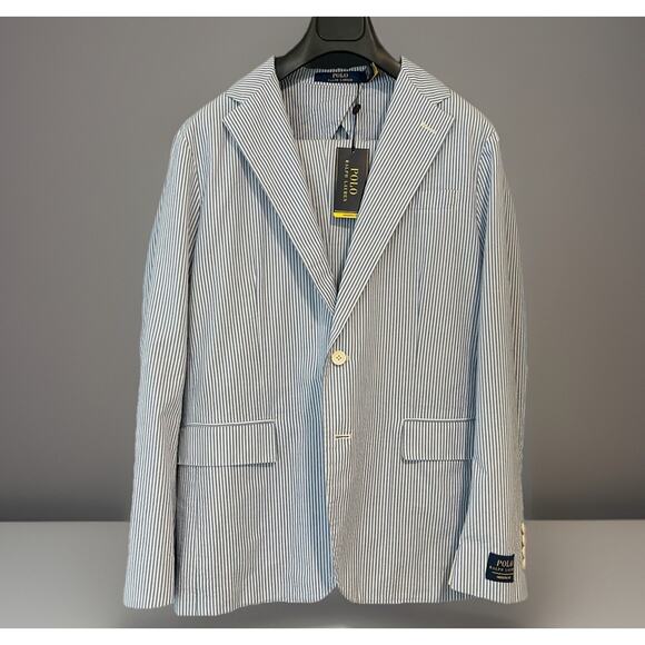 $698 Polo Ralph Lauren Blue Cotton Seersucker Suit 42R 35W NEW WITH TAGS Modern - Picture 1 of 11